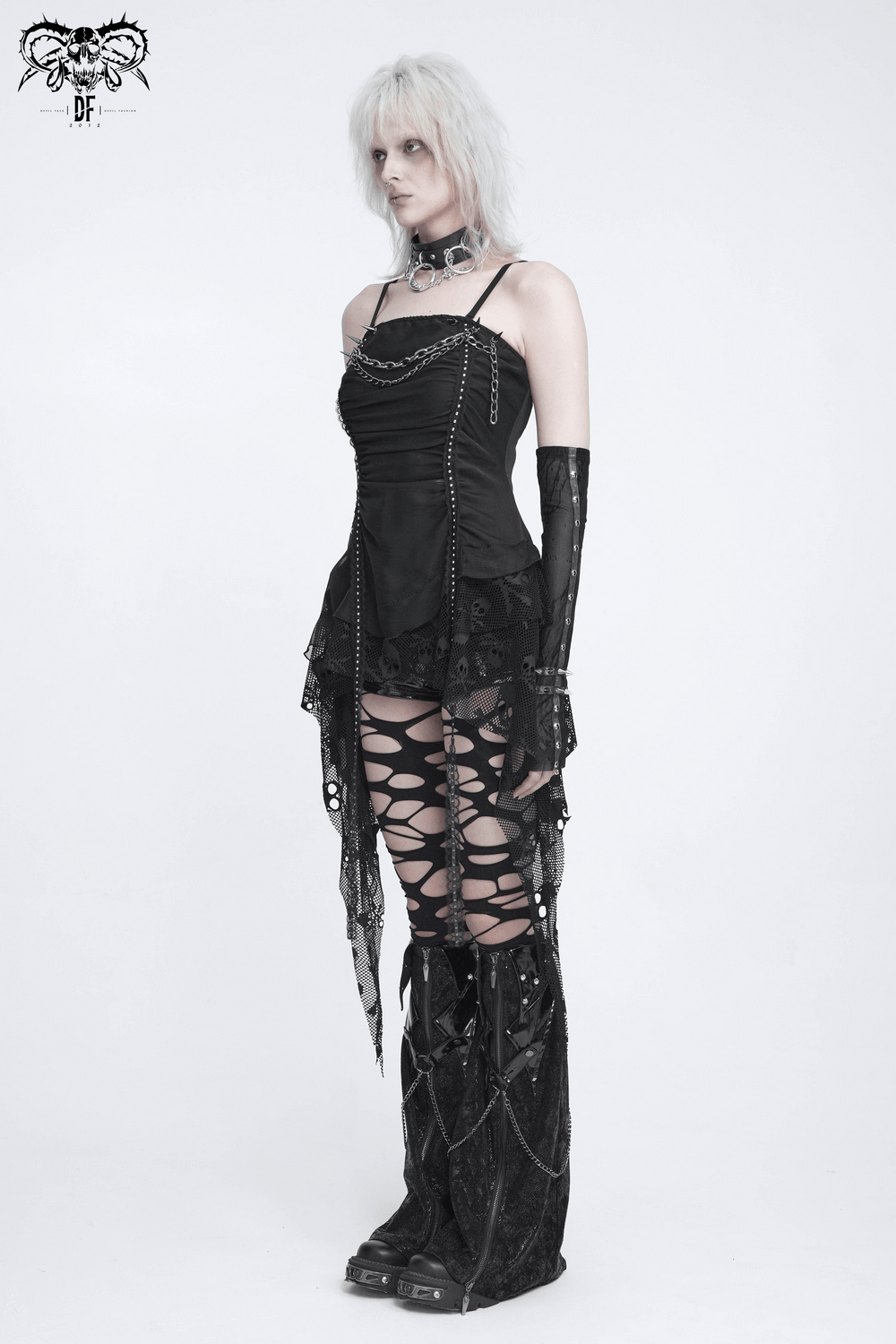 Gothic Chain and Spike Asymmetric Lace Tunic Top