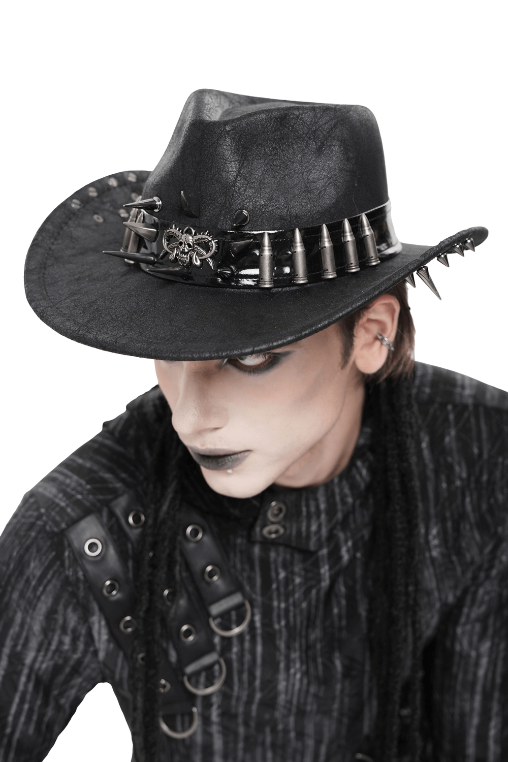 Gothic Cowboy Hat with Metal Bullets and Skull Design