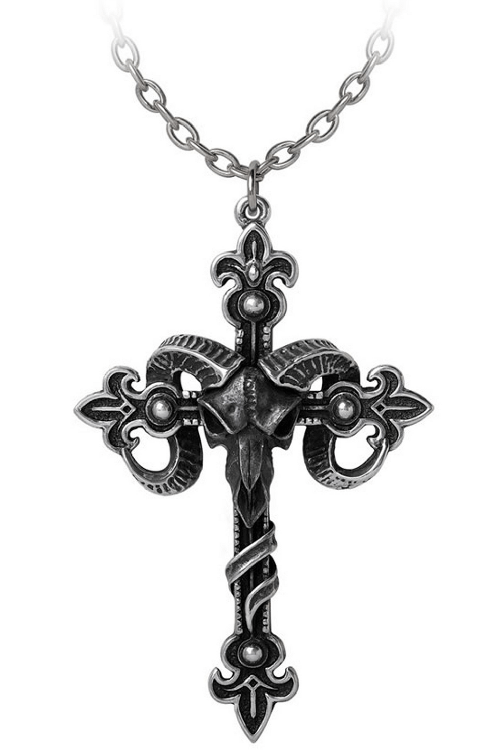 Gothic Cross Necklace with Ram Skull and Scrolls