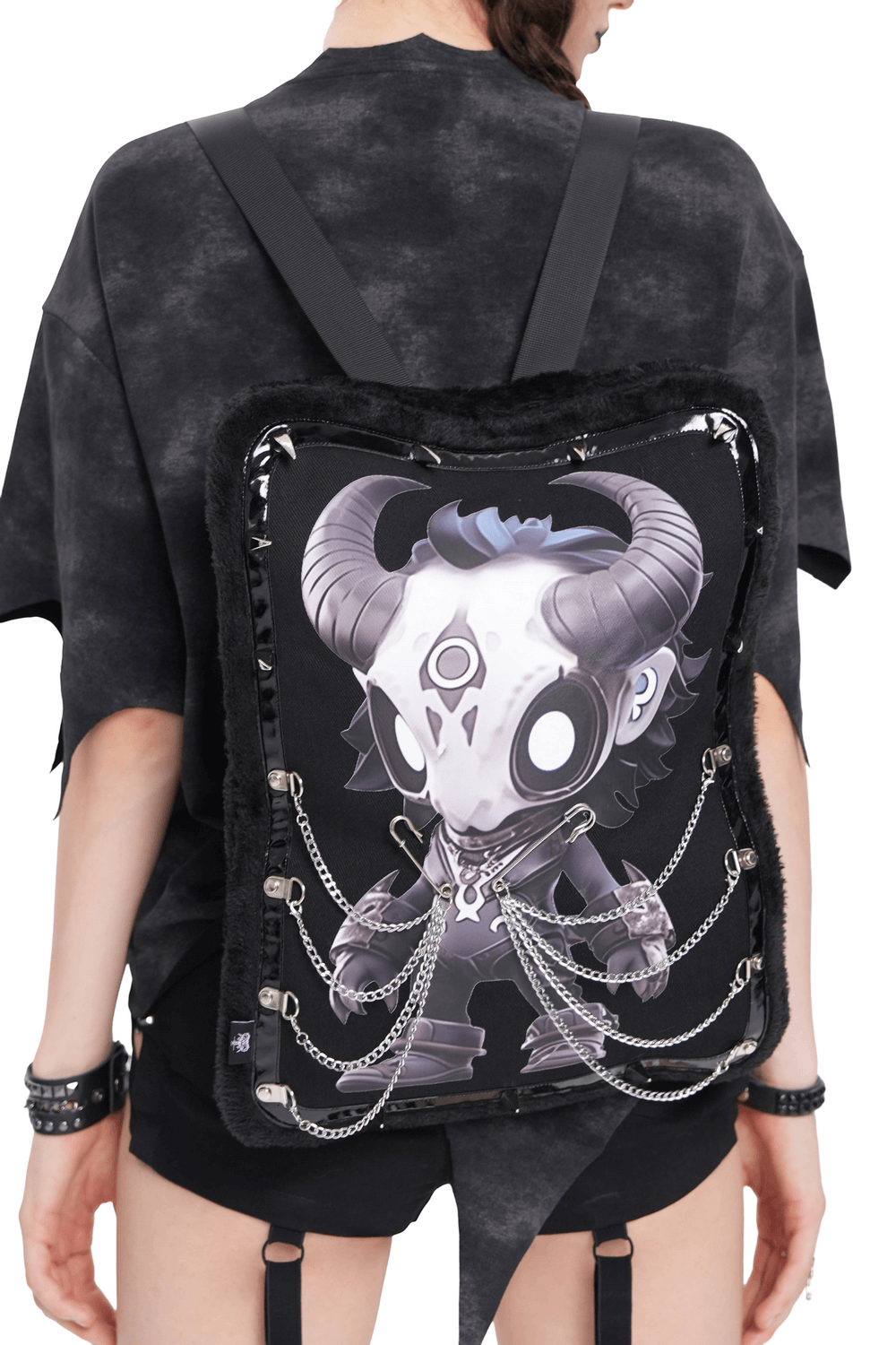 Gothic Demon Skull Backpack with Chains and Fur Trim