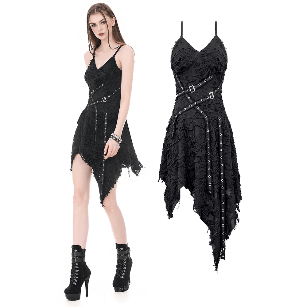 Gothic Distressed Asymmetric Dress with Double Buckle Straps