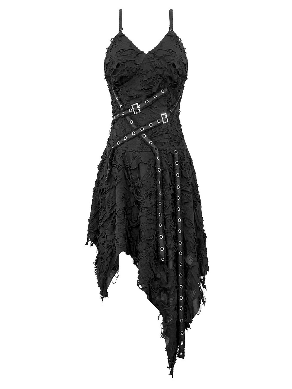 Gothic Distressed Asymmetric Dress with Double Buckle Straps