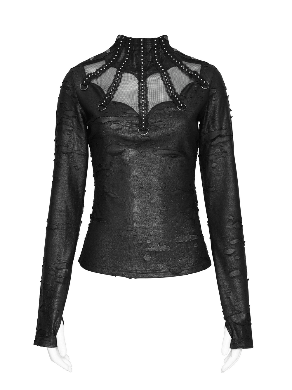 Gothic Distressed Mesh Top with Harness Ring Details