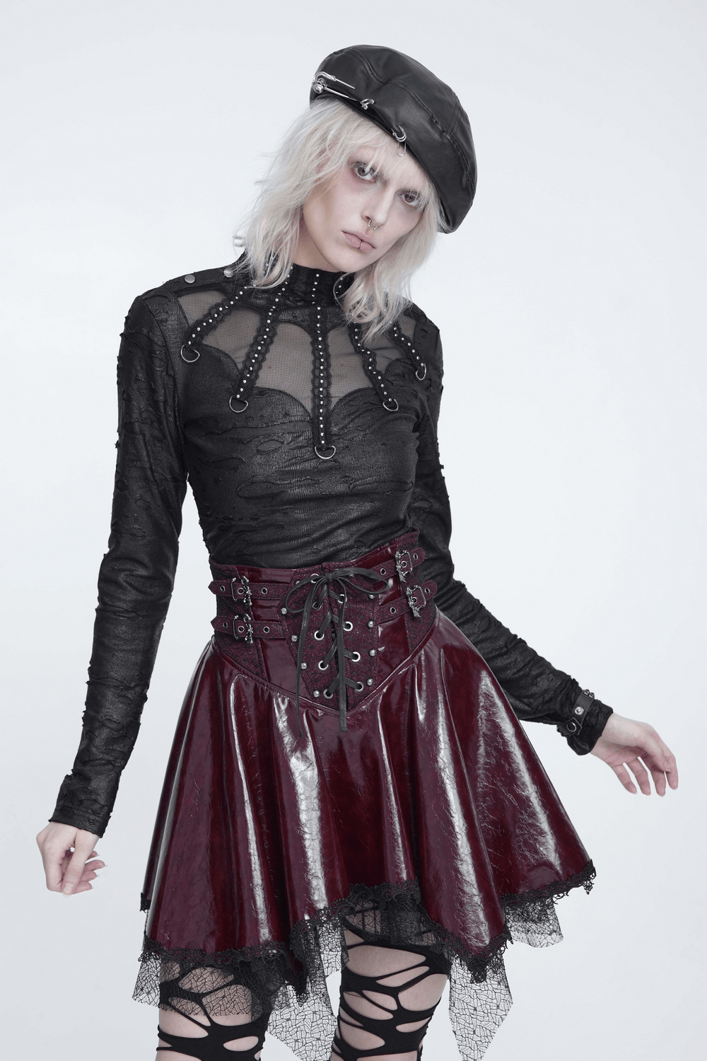 Gothic Distressed Mesh Top with Harness Ring Details