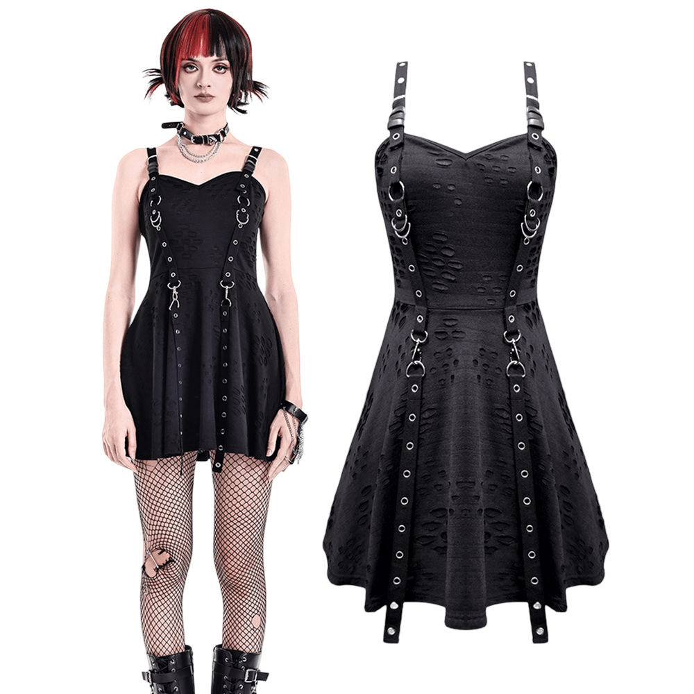 Gothic Distressed Mini Dress with Harness Straps and Rings