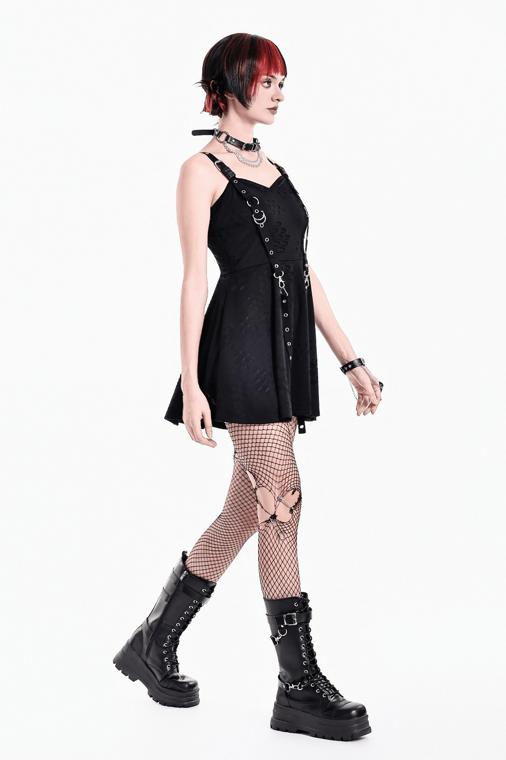 Gothic Distressed Mini Dress with Harness Straps and Rings