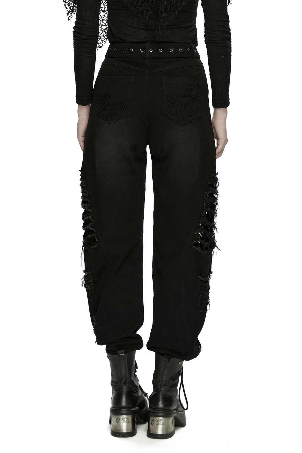 Gothic Distressed Studded Jeans with Mesh Paneling