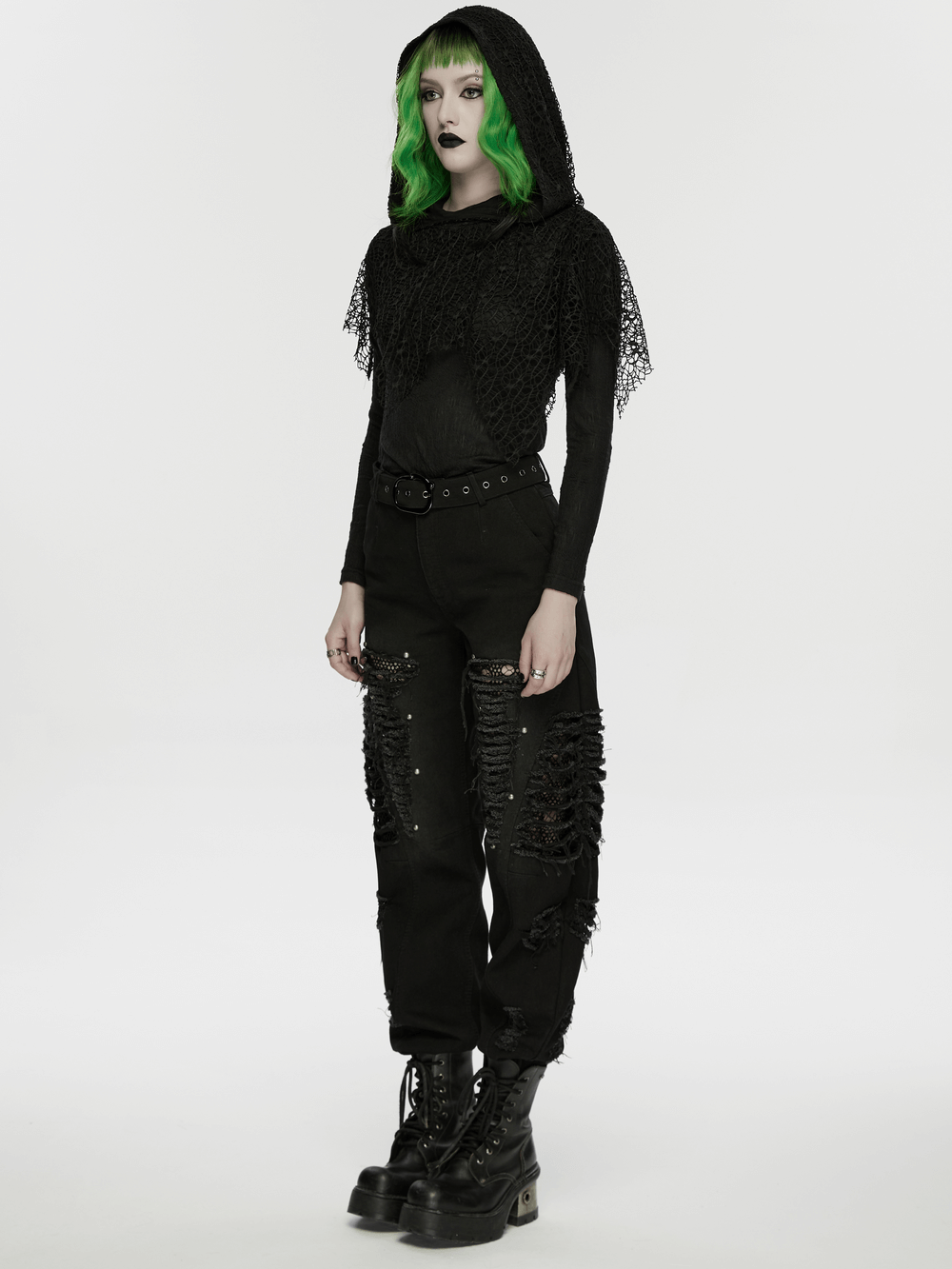 Gothic Distressed Studded Jeans with Mesh Paneling