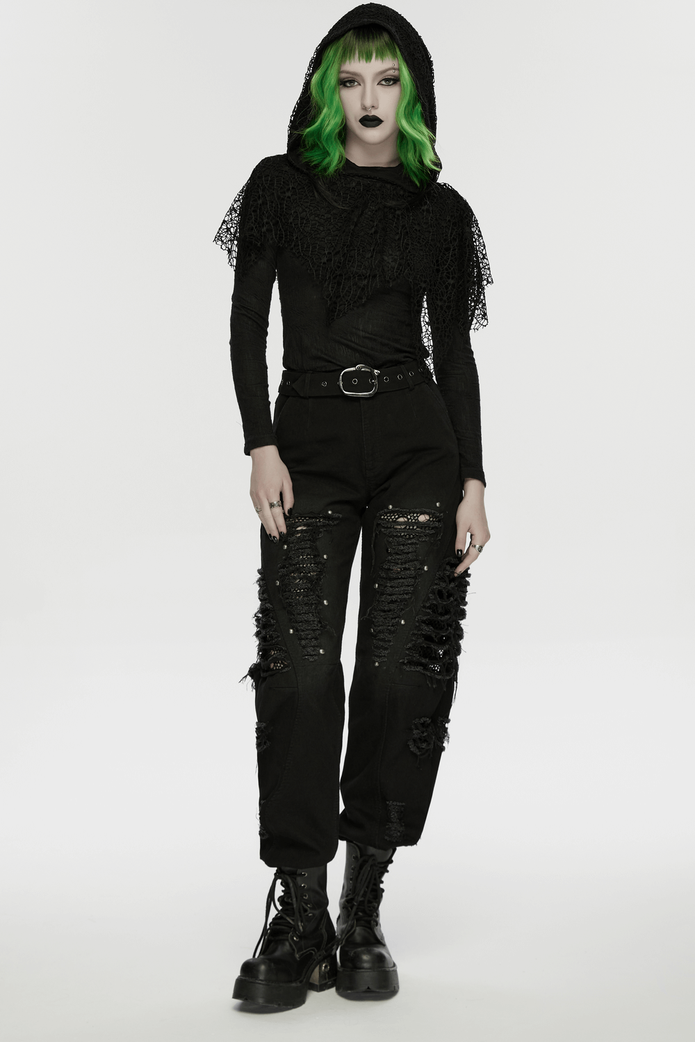 Gothic Distressed Studded Jeans with Mesh Paneling
