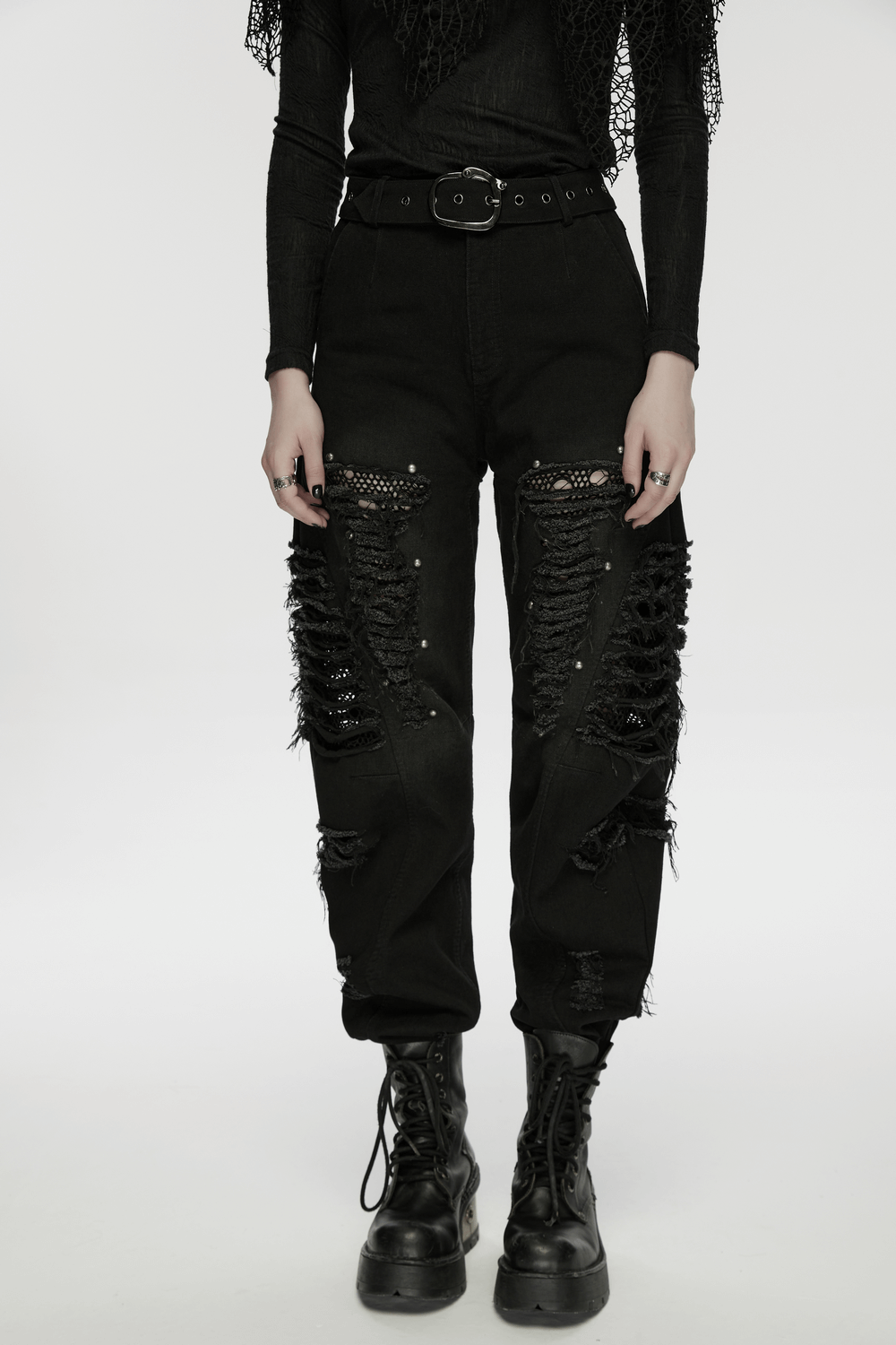 Gothic Distressed Studded Jeans with Mesh Paneling