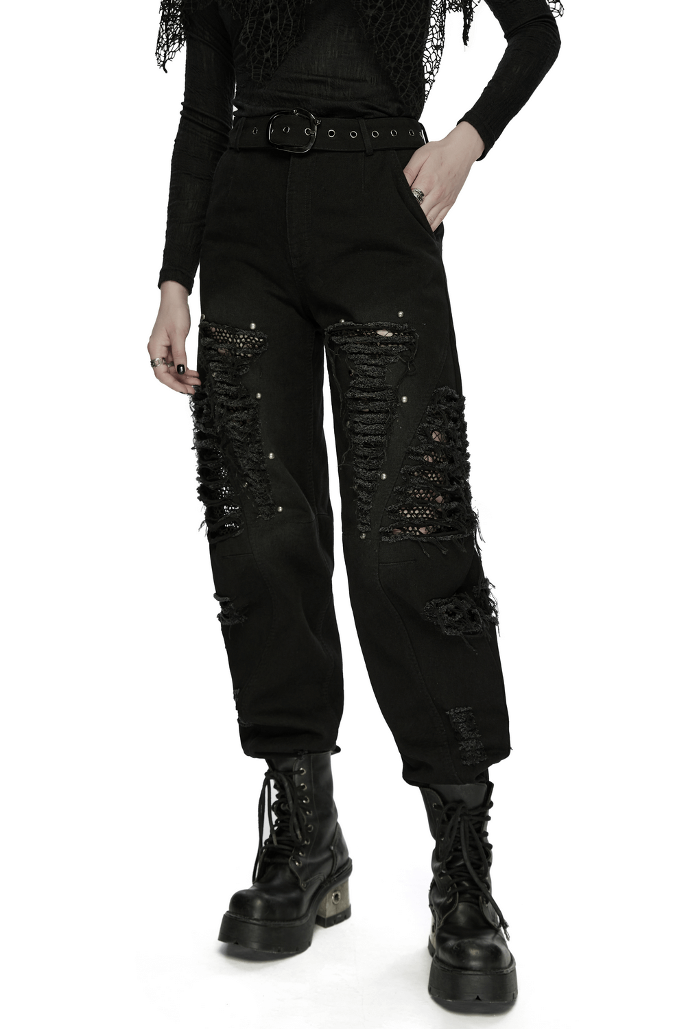 Gothic Distressed Studded Jeans with Mesh Paneling