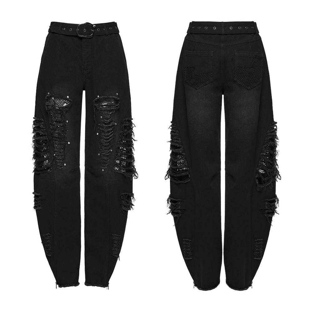 Gothic Distressed Studded Jeans with Mesh Paneling