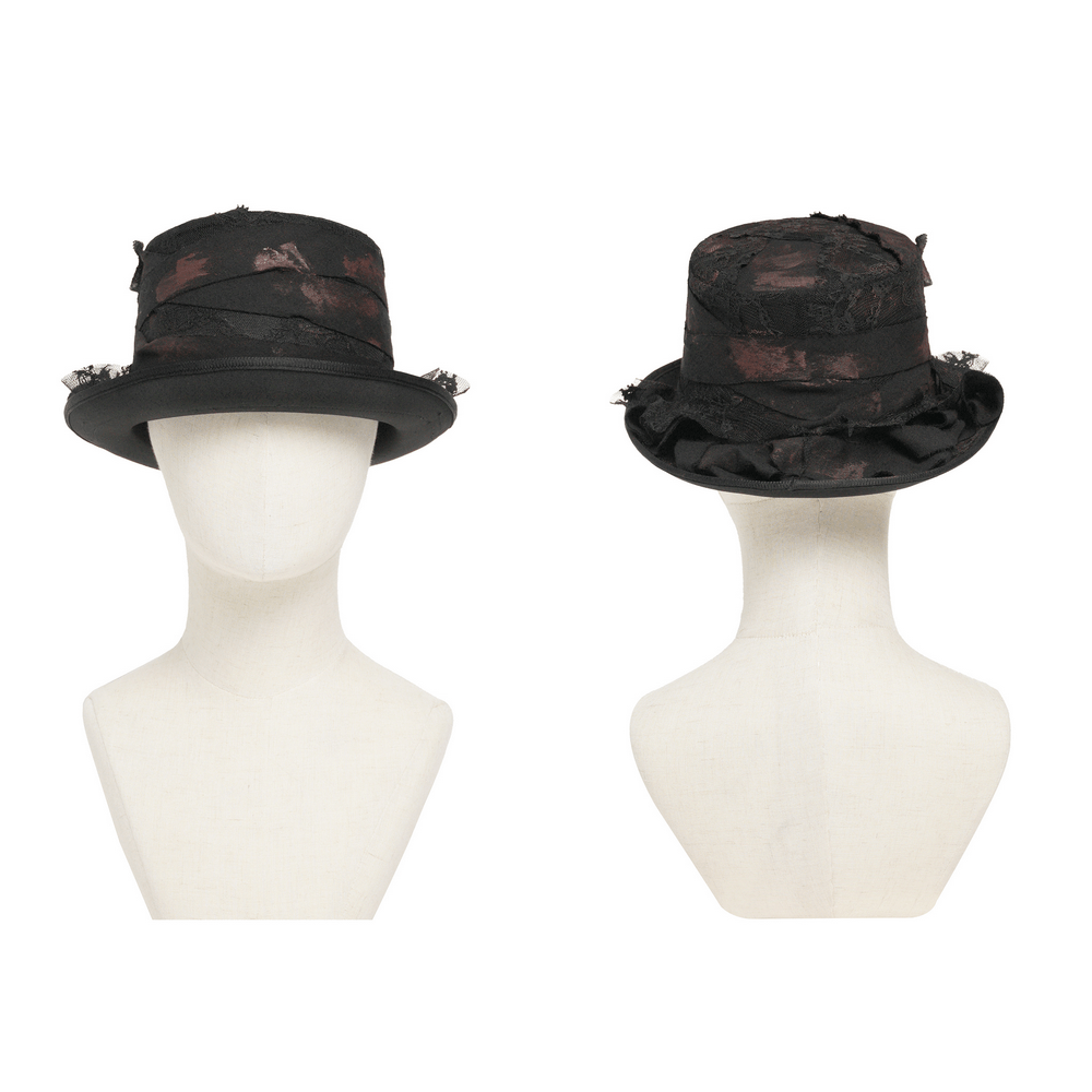 Gothic Distressed Top Hat With Vintage Lace Trim