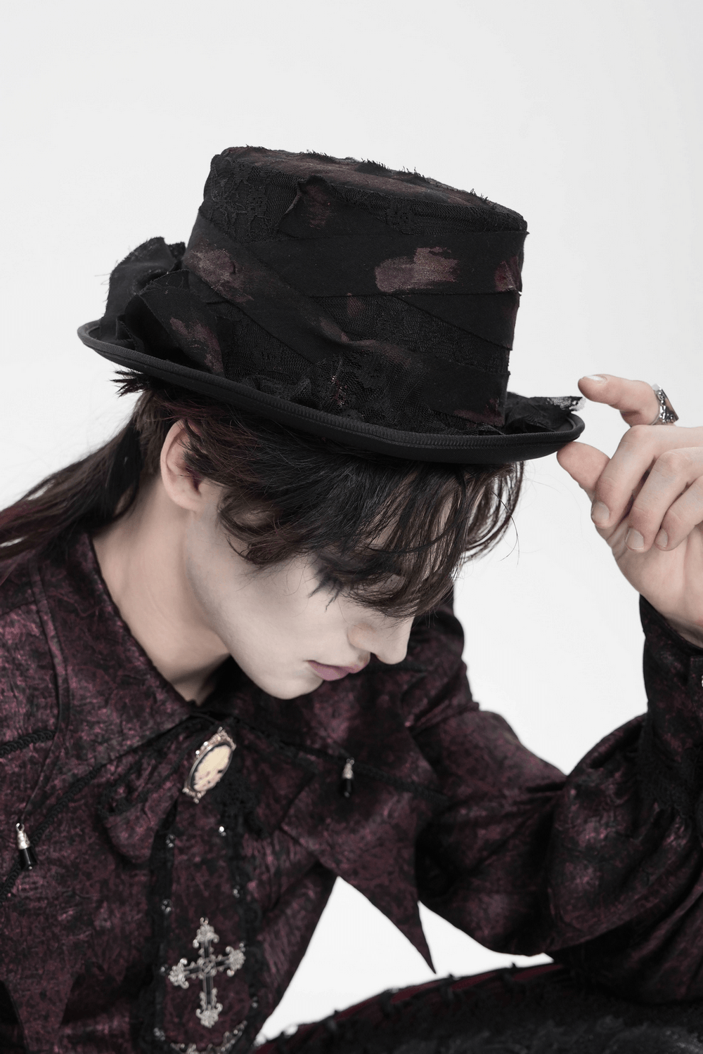 Gothic Distressed Top Hat With Vintage Lace Trim