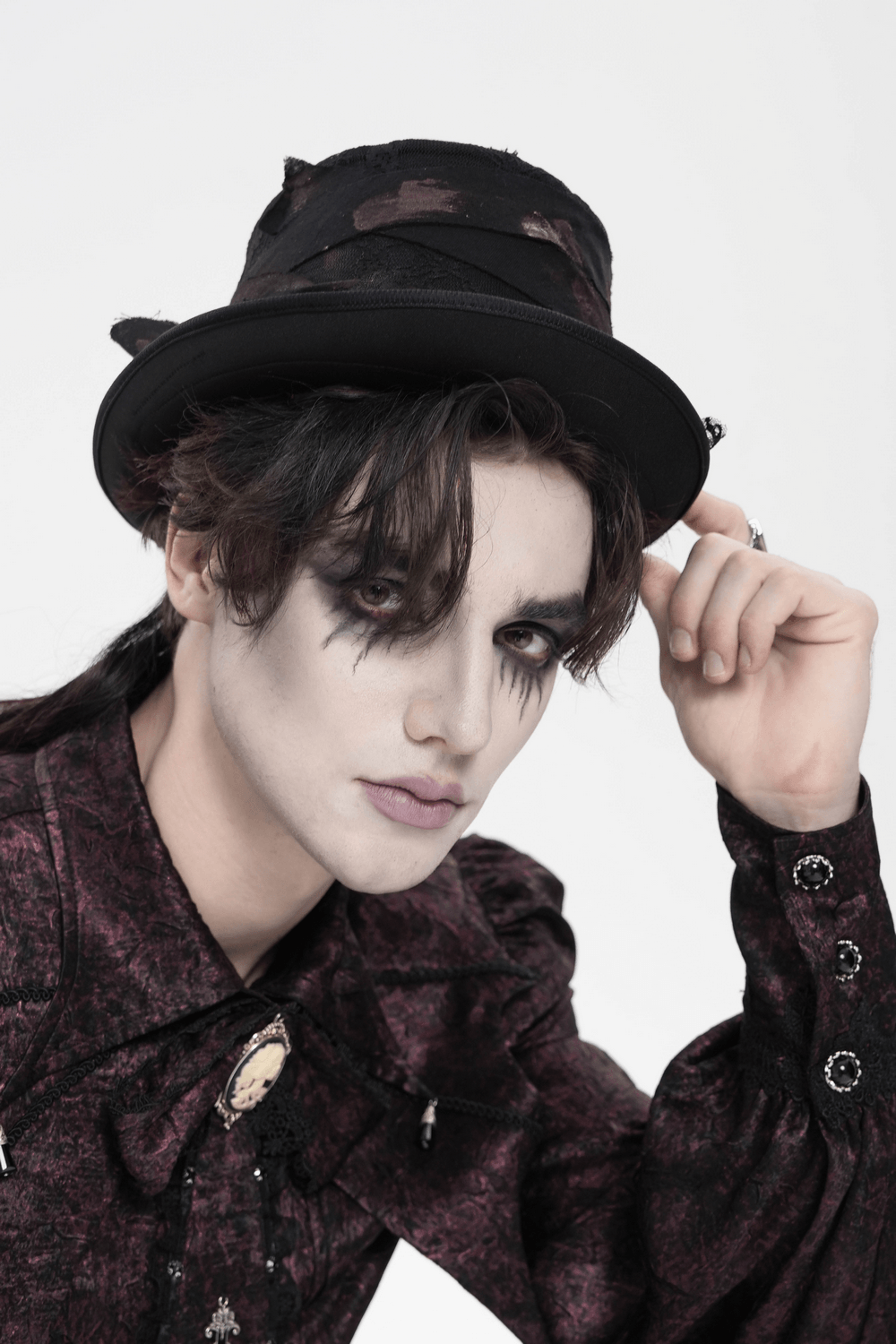 Gothic Distressed Top Hat With Vintage Lace Trim