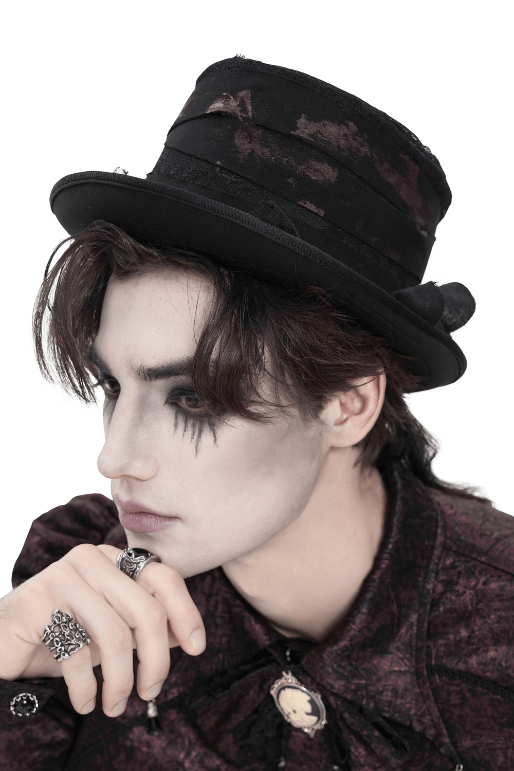 Gothic Distressed Top Hat With Vintage Lace Trim