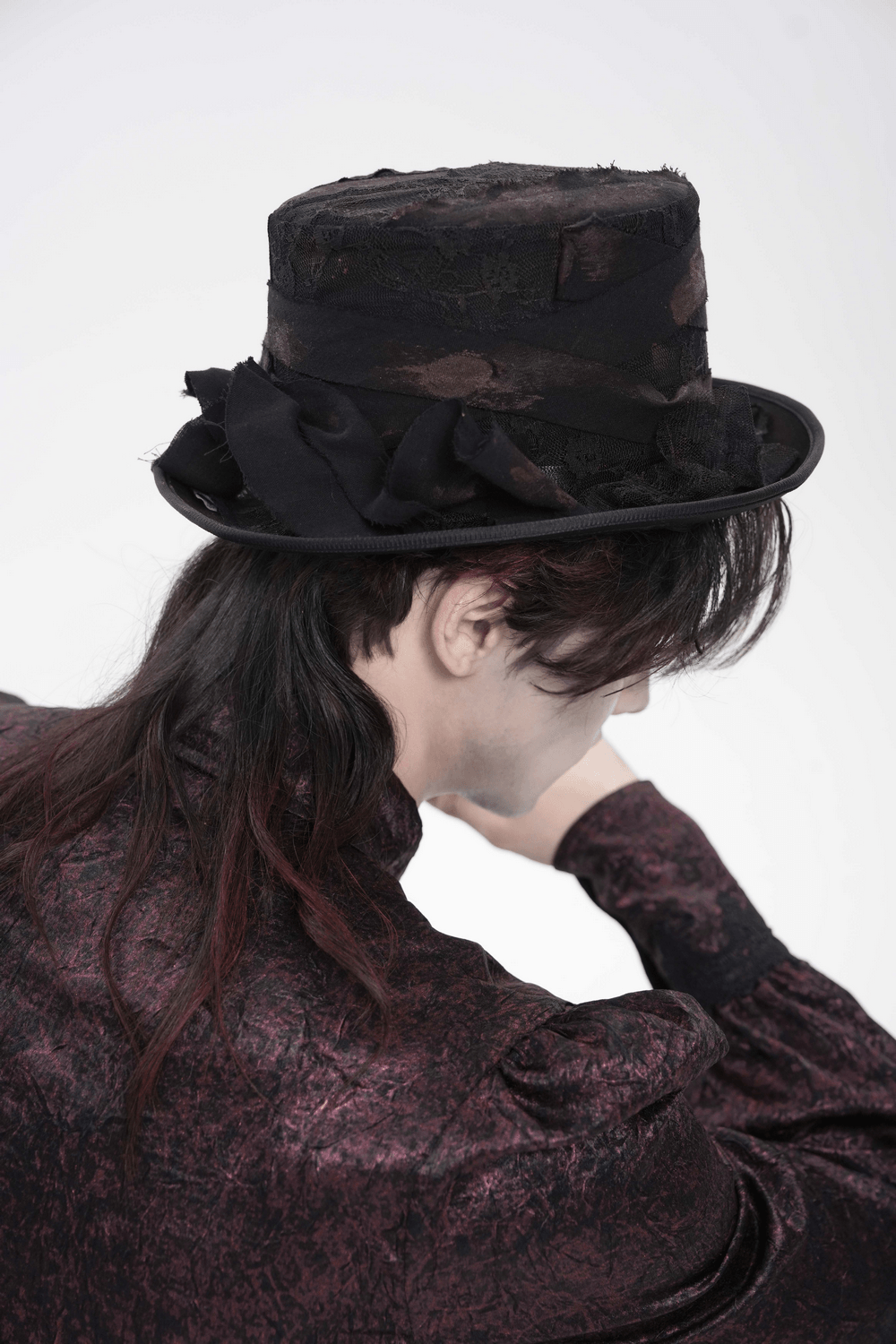 Gothic Distressed Top Hat With Vintage Lace Trim