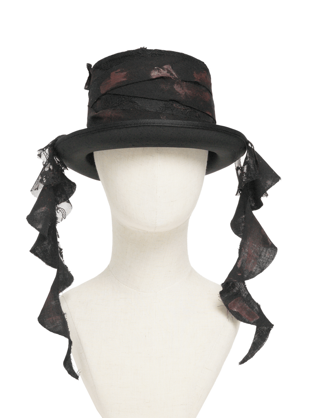 Gothic Distressed Top Hat With Vintage Lace Trim