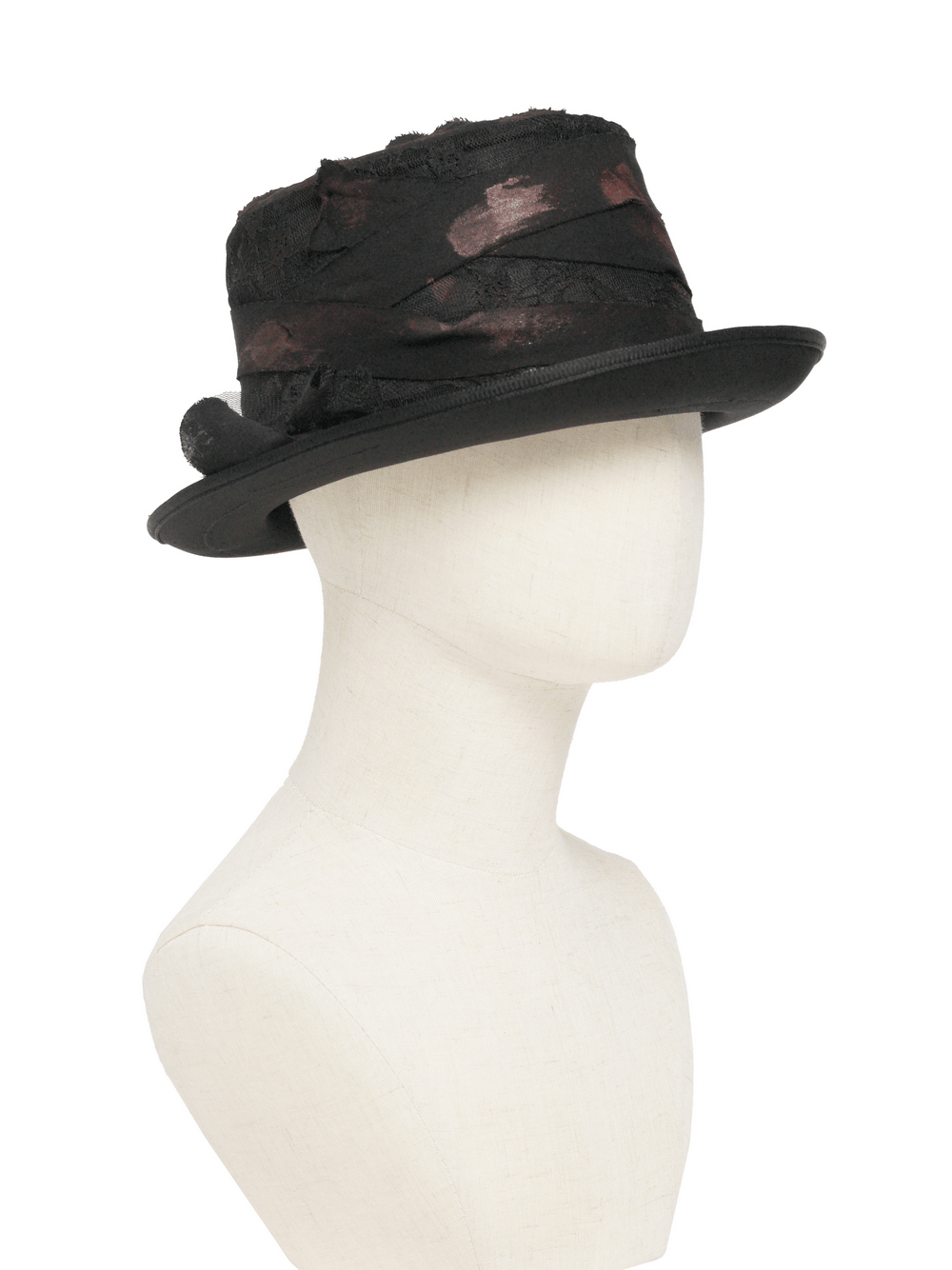 Gothic Distressed Top Hat With Vintage Lace Trim