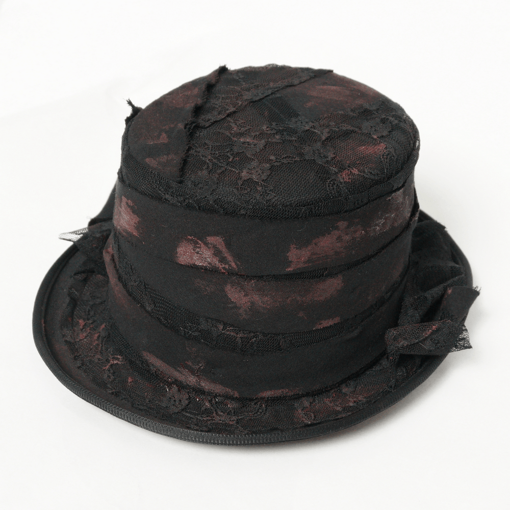 Gothic Distressed Top Hat With Vintage Lace Trim