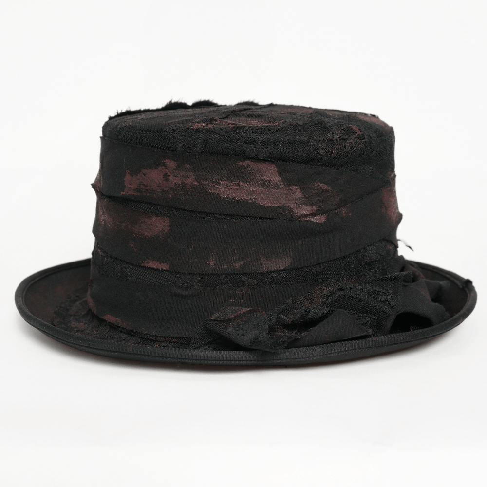Gothic Distressed Top Hat With Vintage Lace Trim