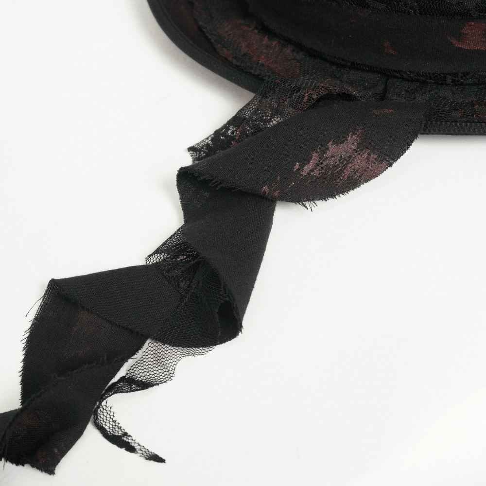 Gothic Distressed Top Hat With Vintage Lace Trim