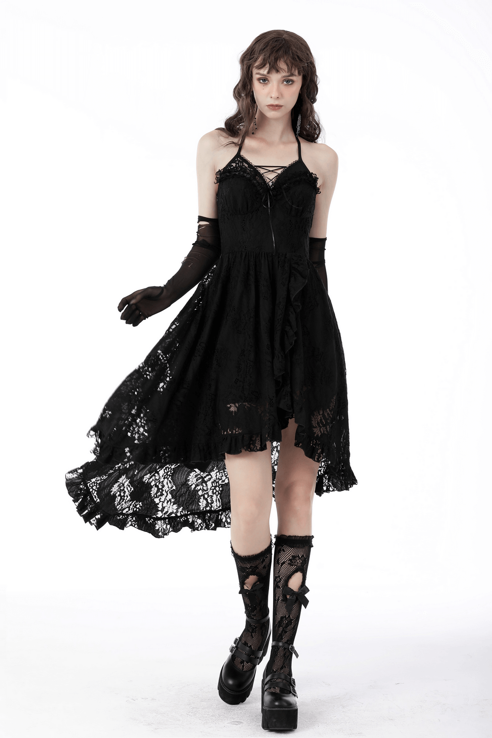 Gothic Dovetail Lace Dress with Ruffle Detailing