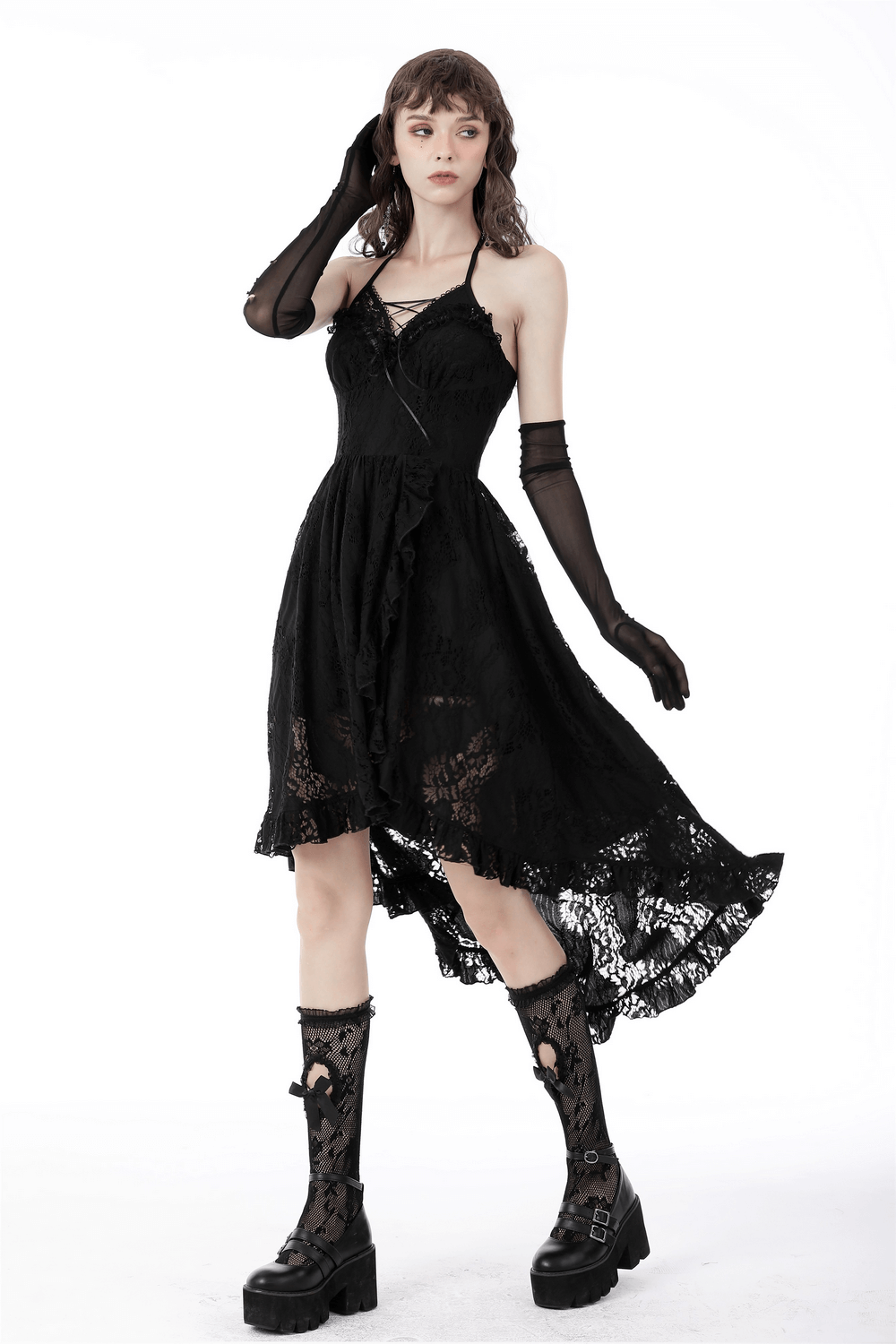 Gothic Dovetail Lace Dress with Ruffle Detailing