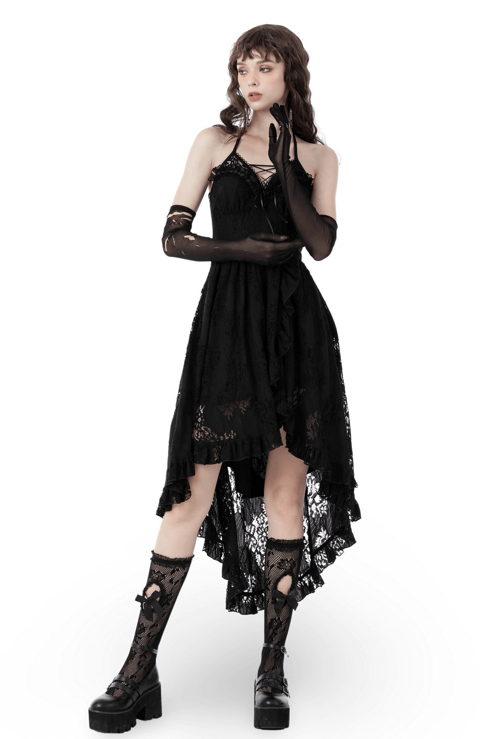 Gothic Dovetail Lace Dress with Ruffle Detailing