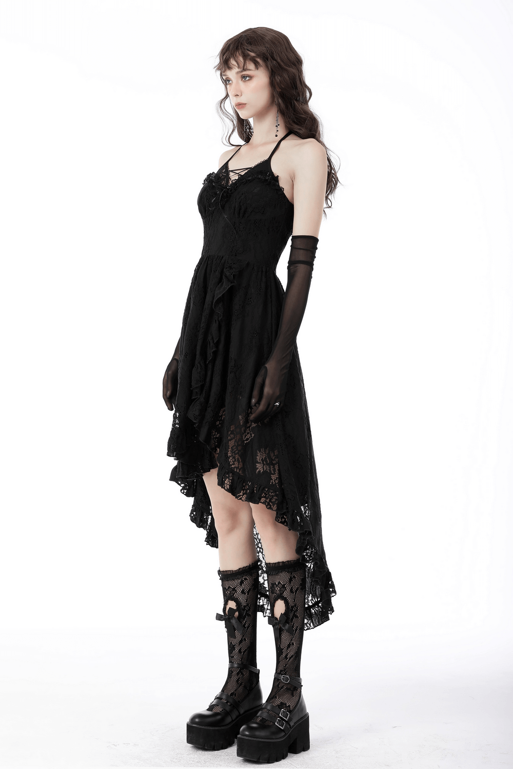 Gothic Dovetail Lace Dress with Ruffle Detailing