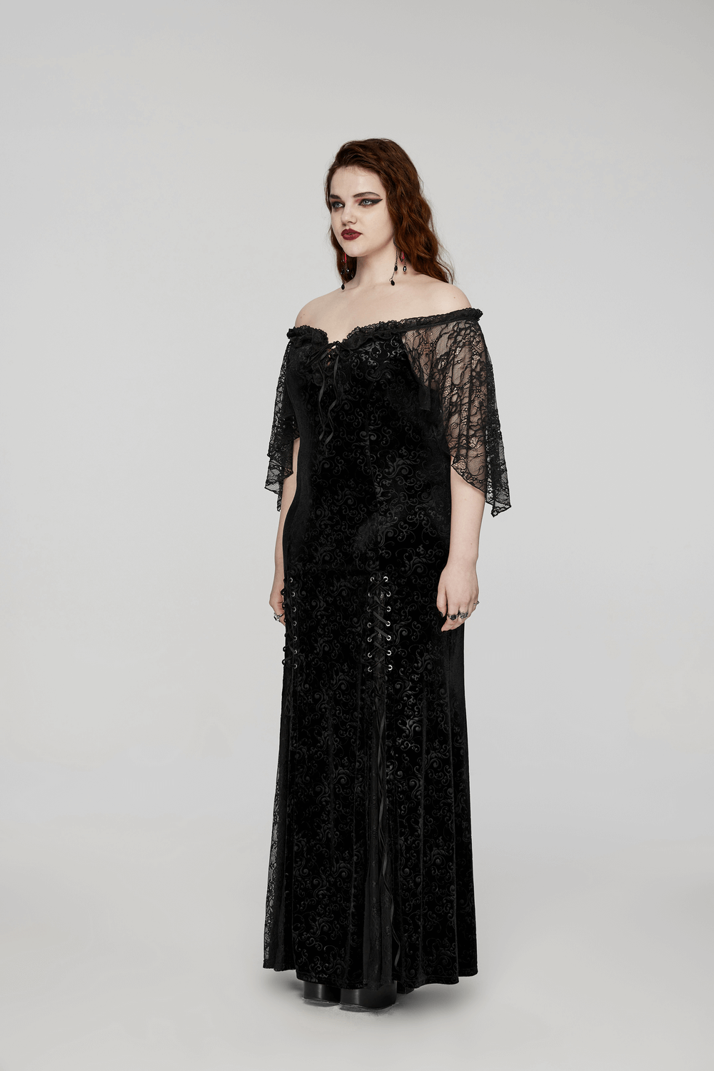 Gothic Elegance Velvet Lace-Up Long Dress in Black