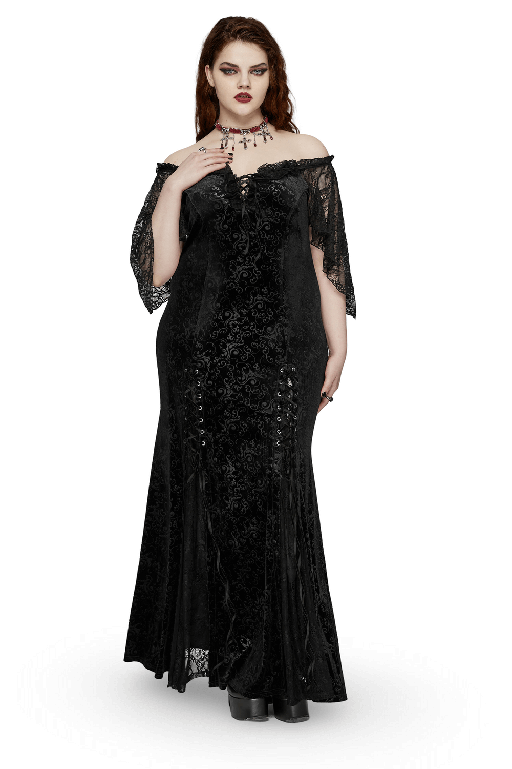 Gothic Elegance Velvet Lace-Up Long Dress in Black