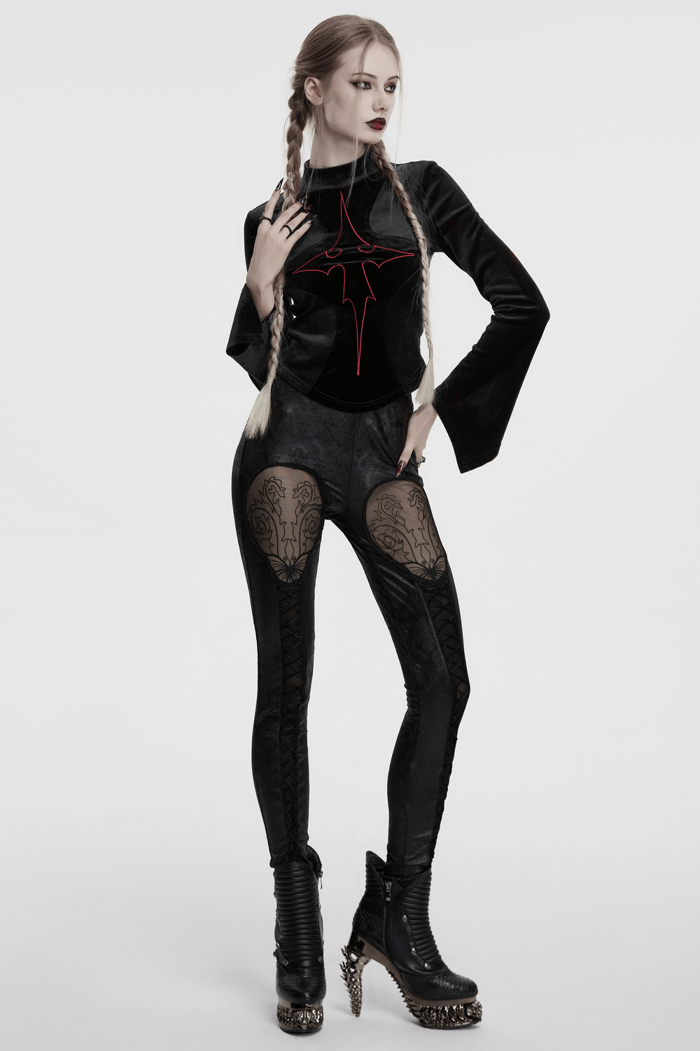 Gothic Embossed Hollow Out Leggings with Drawstrings