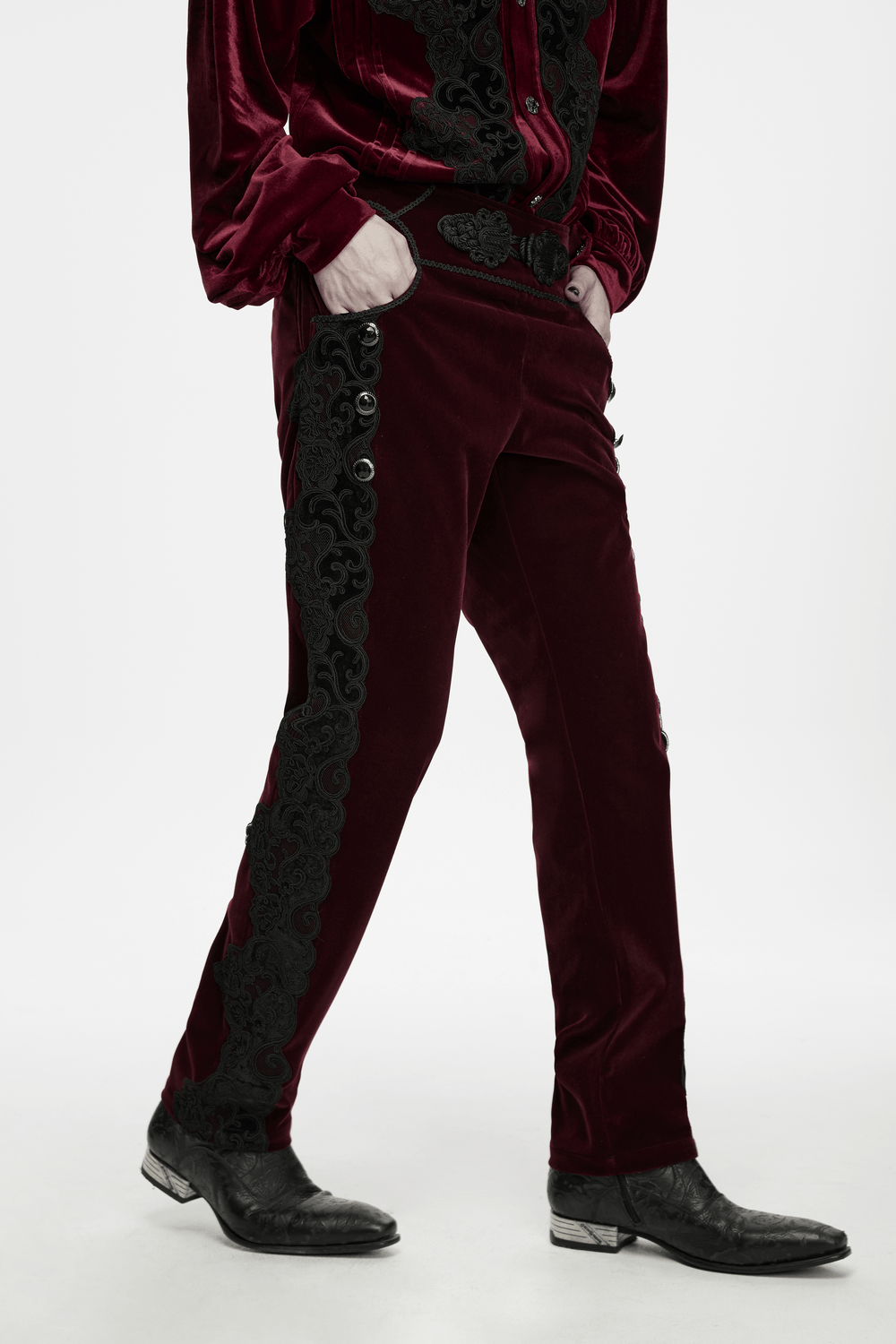Gothic Embroidered Pants with Lace-Up Back and Frog Button