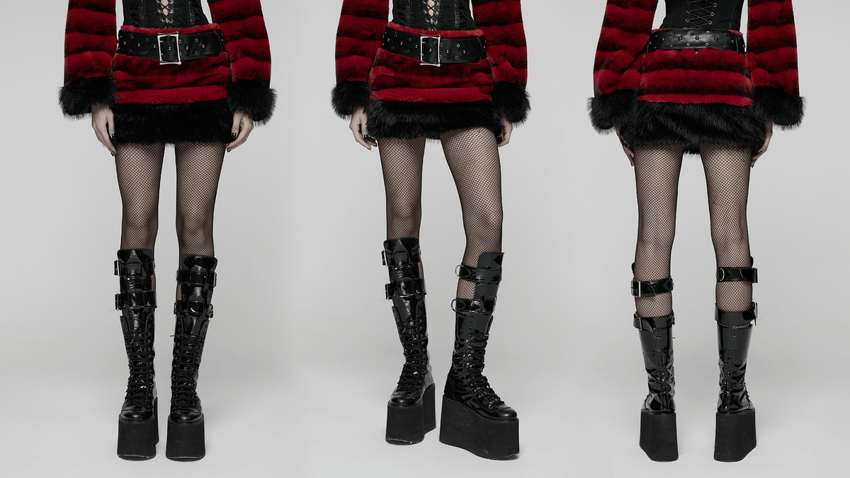 Gothic Faux Fur Mini Skirt with Belt and Studs