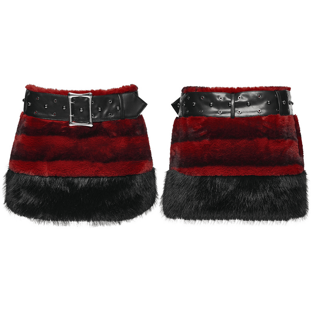 Gothic Faux Fur Mini Skirt with Belt and Studs