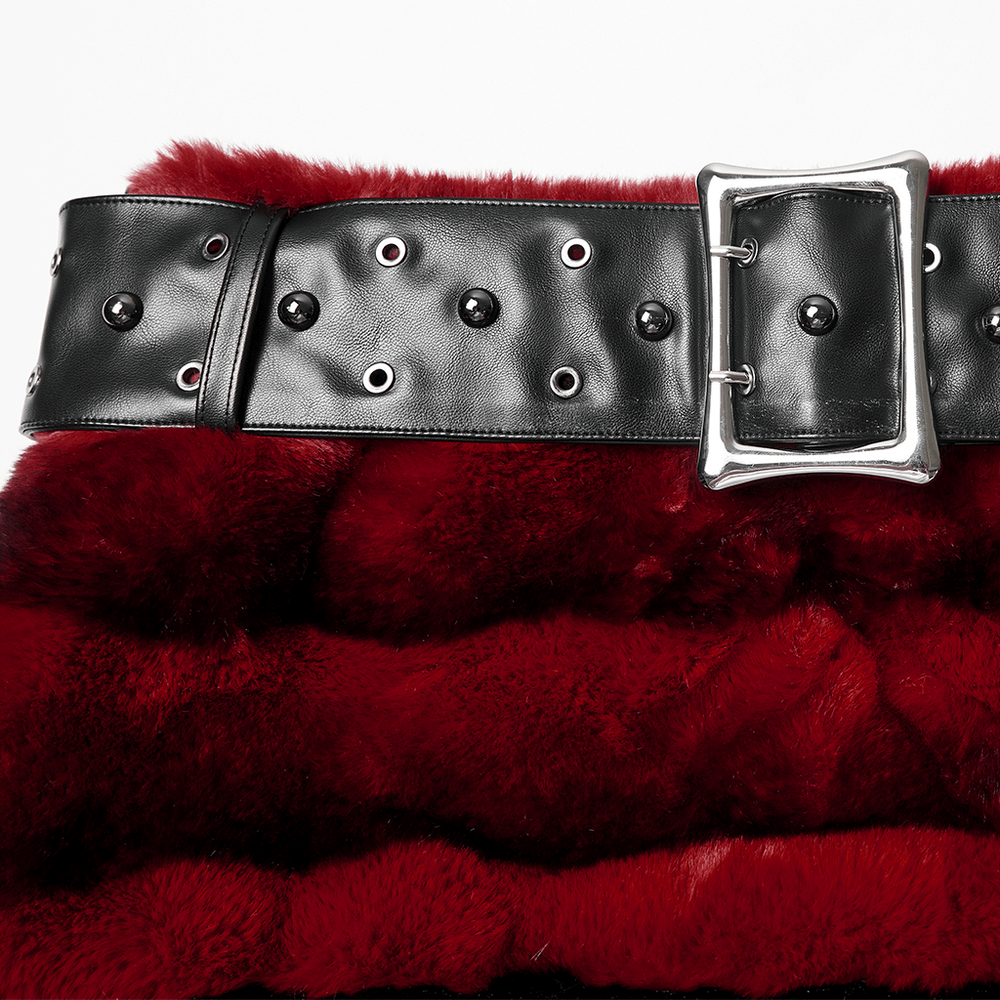 Gothic Faux Fur Mini Skirt with Belt and Studs
