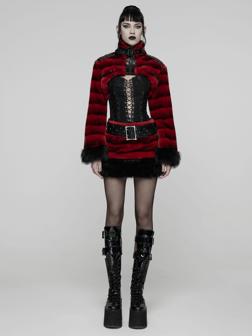 Gothic Faux Fur Mini Skirt with Belt and Studs