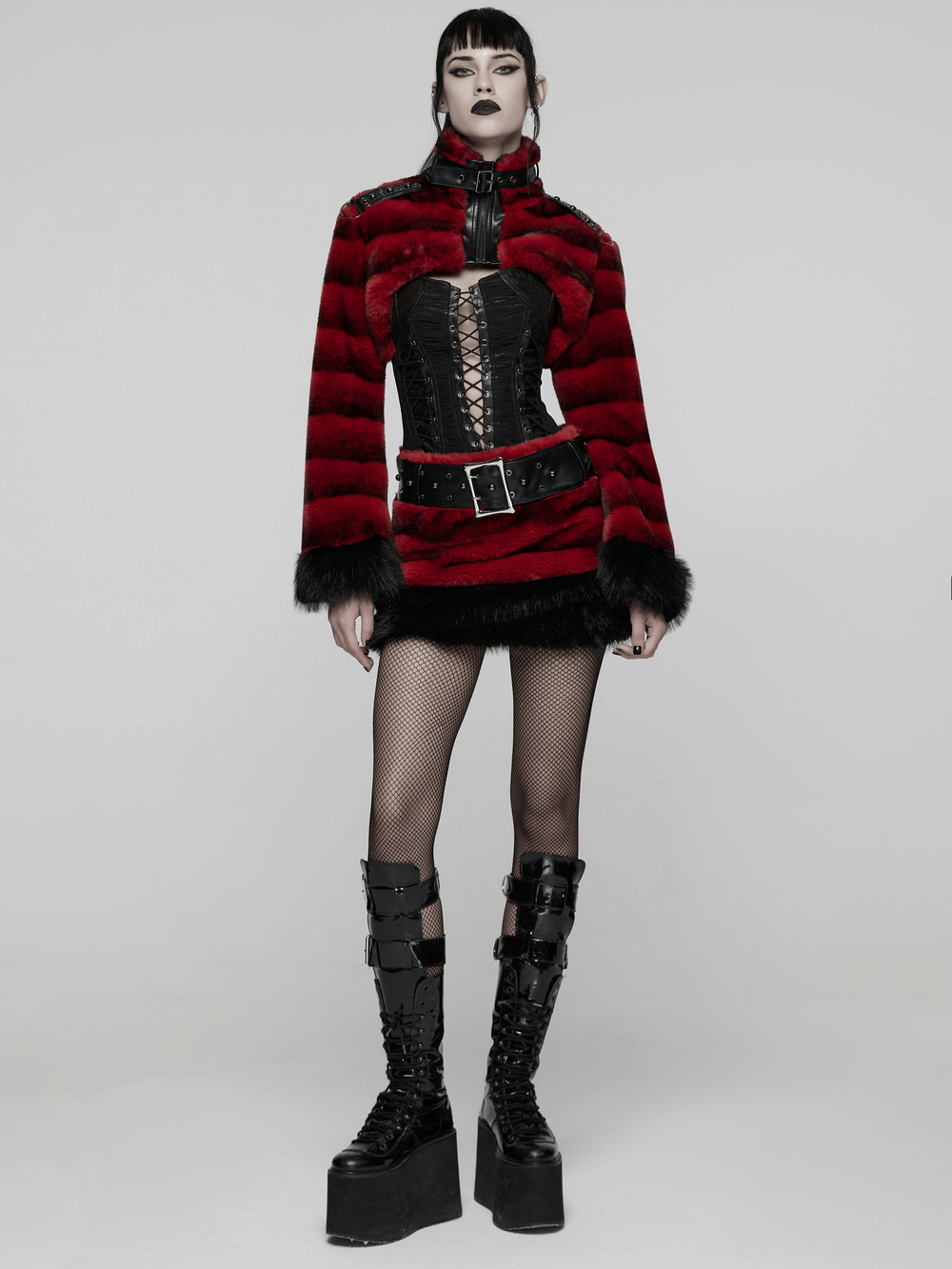 Gothic Faux Fur Mini Skirt with Belt and Studs