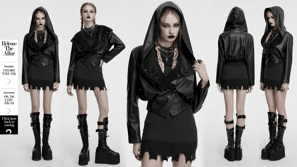 Gothic Faux Leather Jacket with Skull-Studded Brim