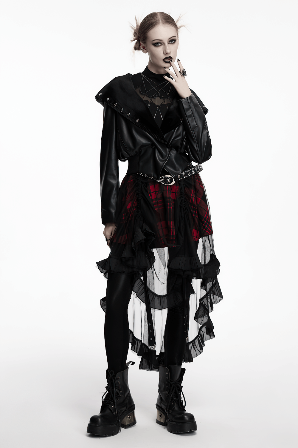 Gothic Faux Leather Jacket with Skull-Studded Brim