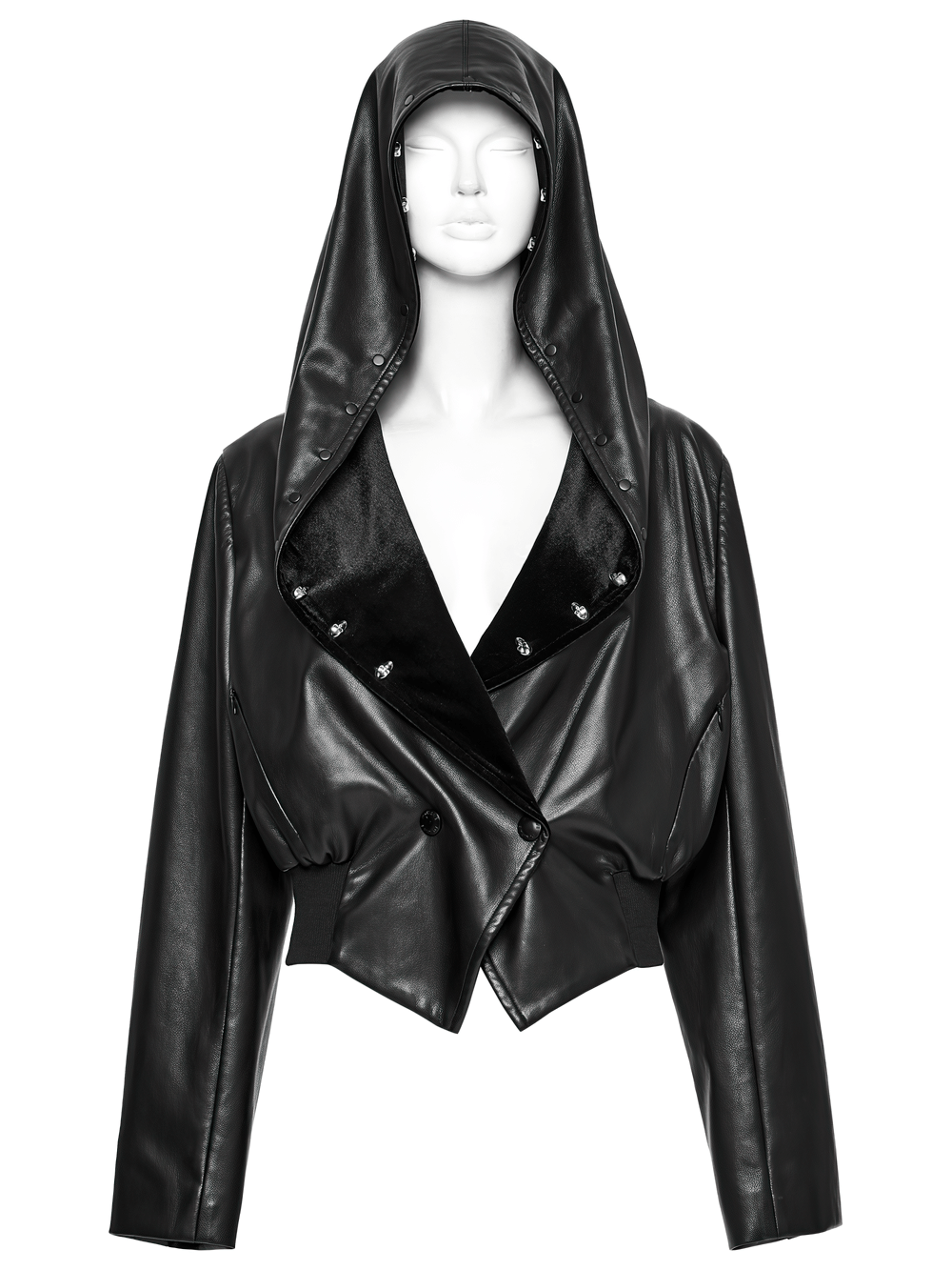 Gothic Faux Leather Jacket with Skull-Studded Brim