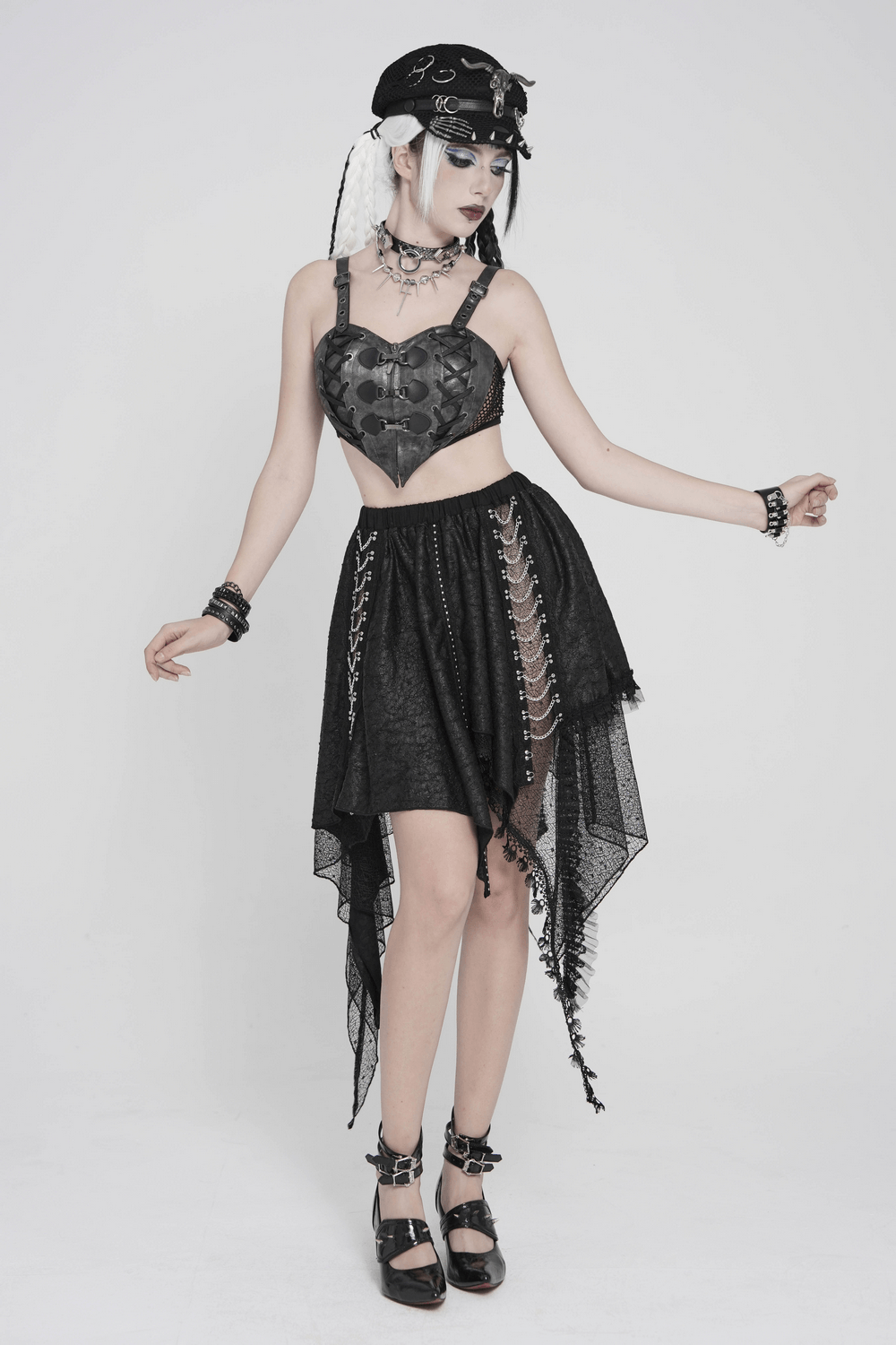 Gothic Faux Leather Lace Up Buckle Bralette Top