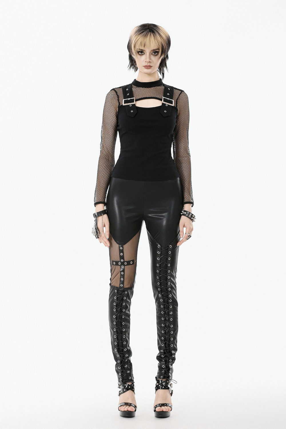 Gothic Faux Leather Pants with Mesh and Lace-Up Design