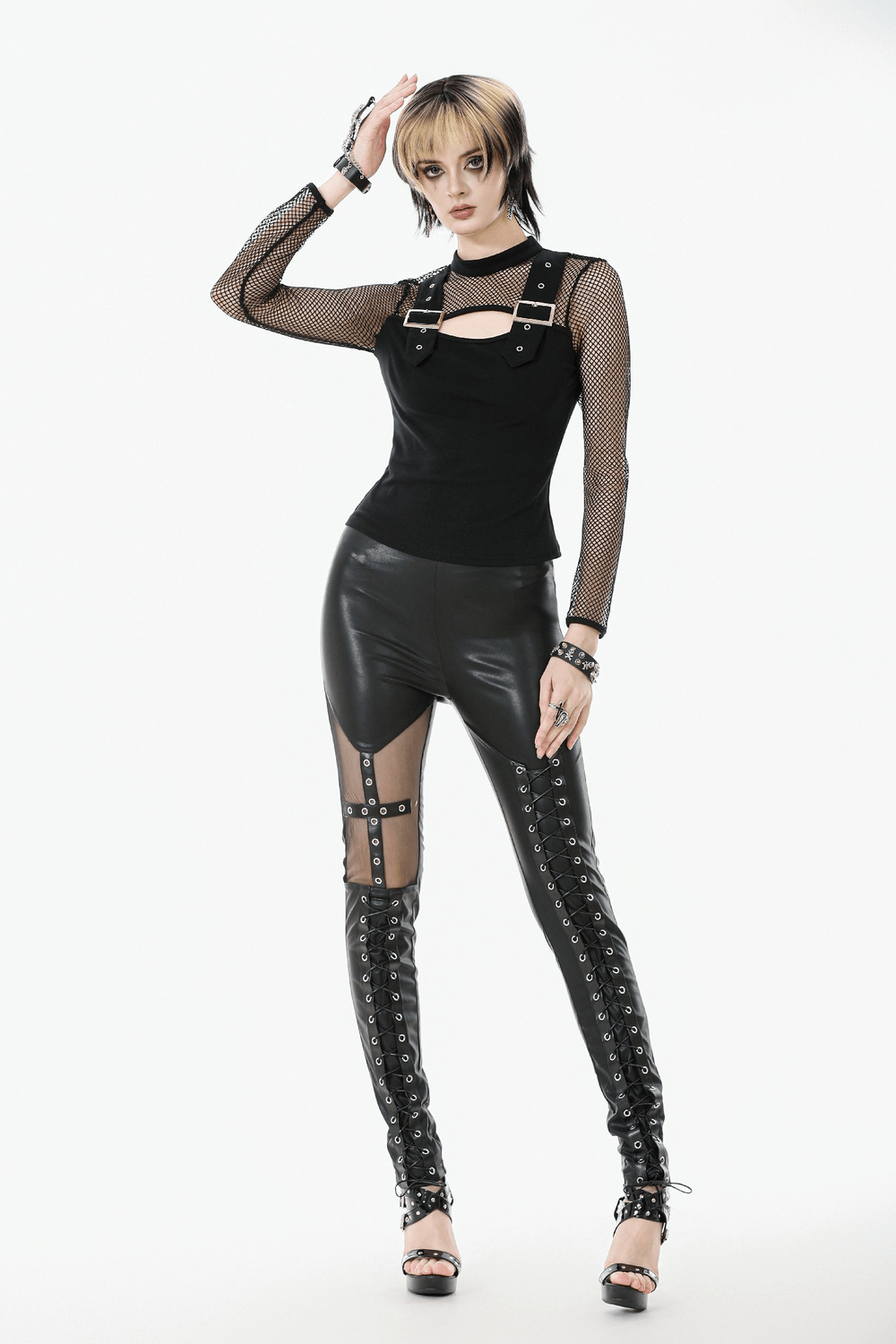 Gothic Faux Leather Pants with Mesh and Lace-Up Design