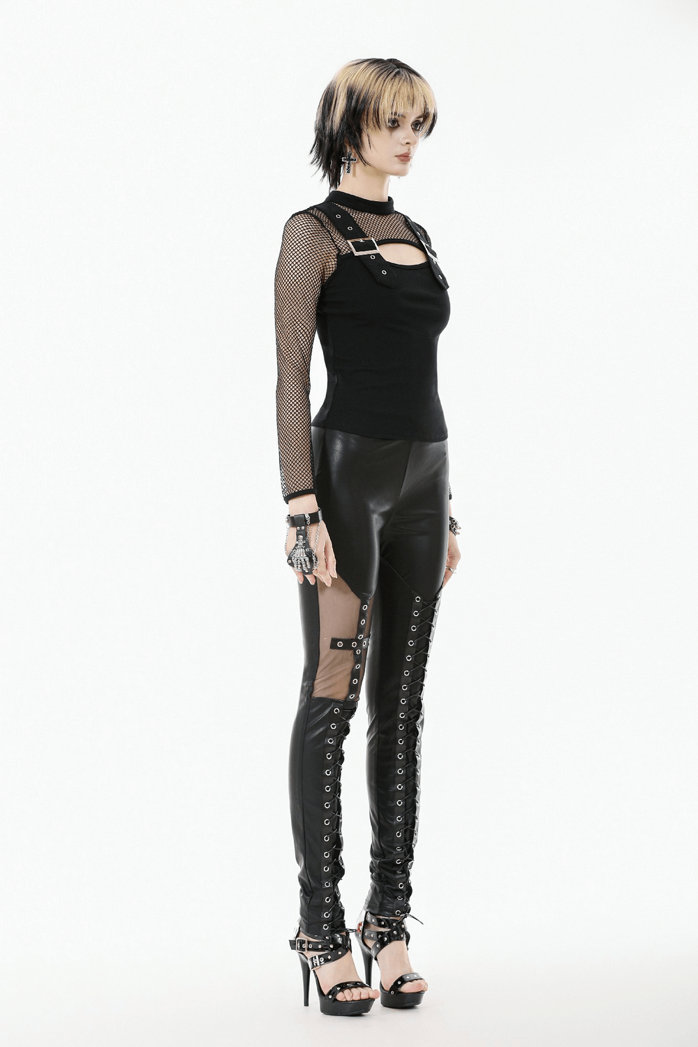 Gothic Faux Leather Pants with Mesh and Lace-Up Design