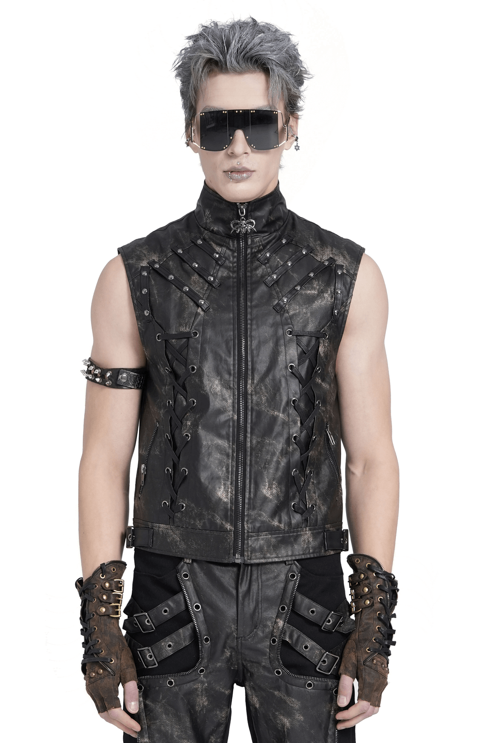 Gothic Faux Leather Vest with Zipper and Lace-Up Sides