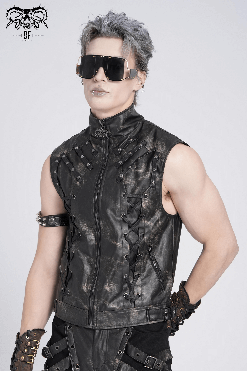 Gothic Faux Leather Vest with Zipper and Lace-Up Sides