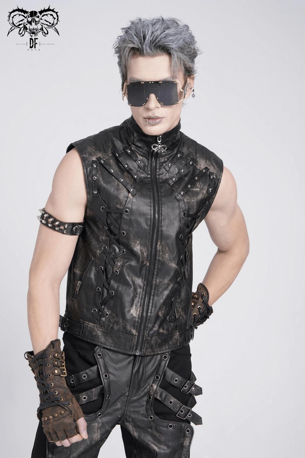 Gothic Faux Leather Vest with Zipper and Lace-Up Sides