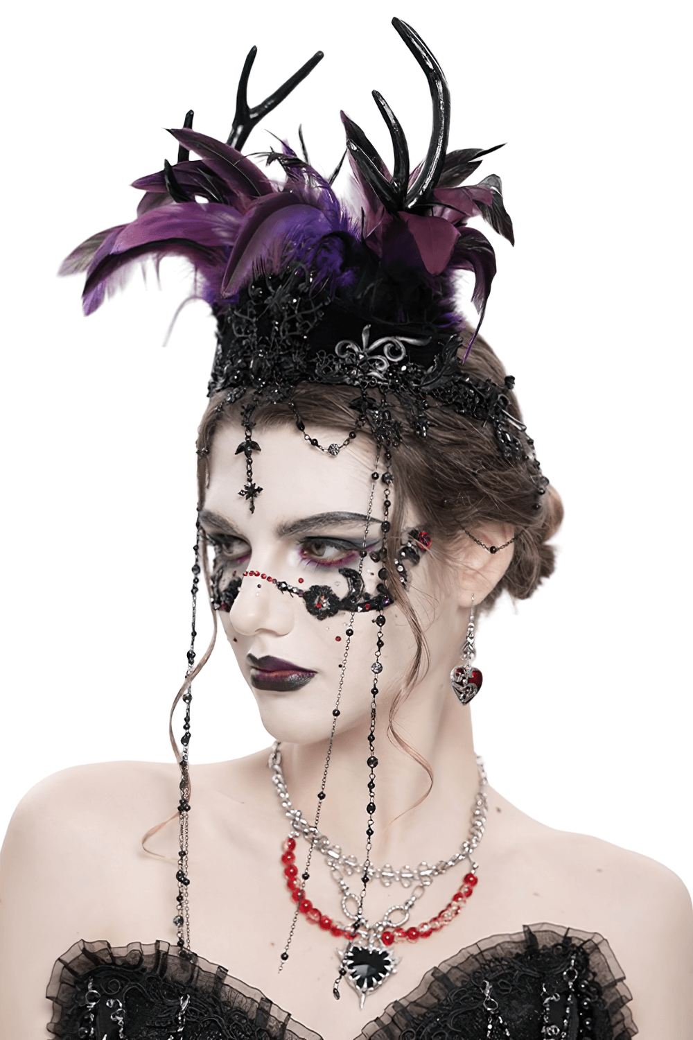 Gothic Feathered Headpiece with Chain and Cross Ornaments